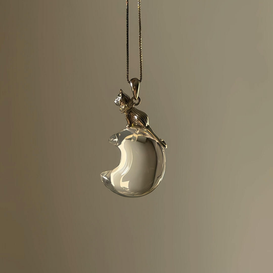 Lunather™ Cat on the Moon Clear Quartz Necklace