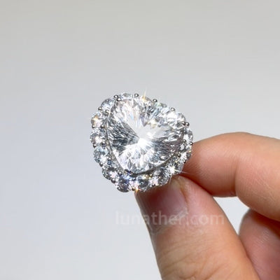 Lunather oversized heart-cut clear quartz halo ring in 925 silver, front view