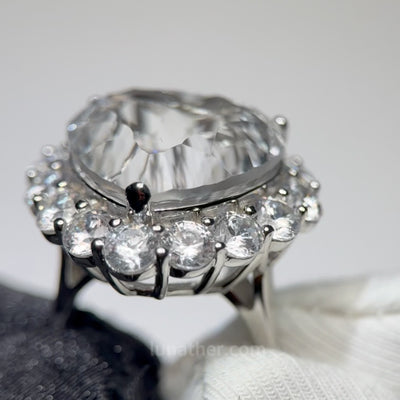 Lunather oversized heart-cut clear quartz halo ring in 925 silver, side view